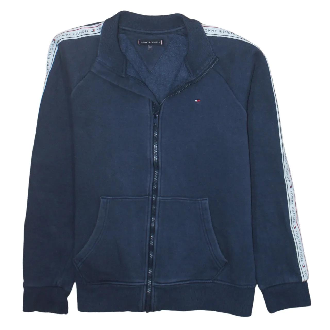 Tommy Hilfiger Navy Blue Zip Sweatshirt Men's Small Tape Logo Sleeves Embroidered Chest Fleece Top sold by Vintage Club