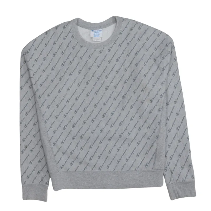 Champion Grey Sweatshirt Women's Large All Over Logo Print Fleece Lined Pullover made by Champion