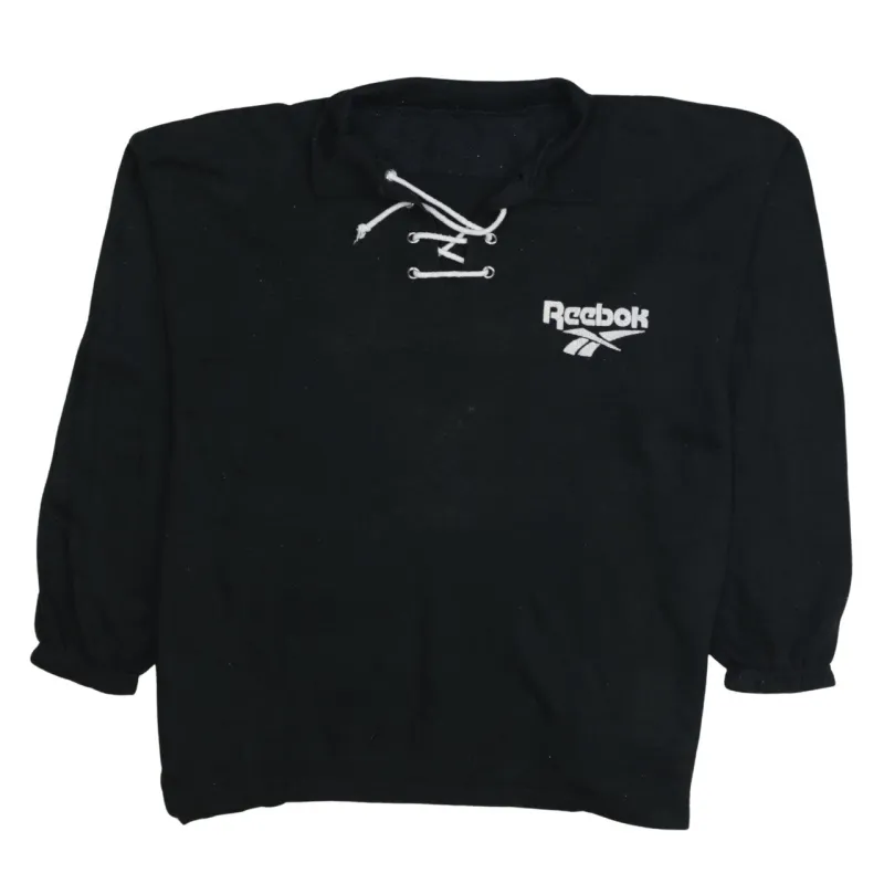 Reebok Black Lace Up Sweatshirt Men's Medium Embroidered Logo Fleece Pullover Top made by Reebok