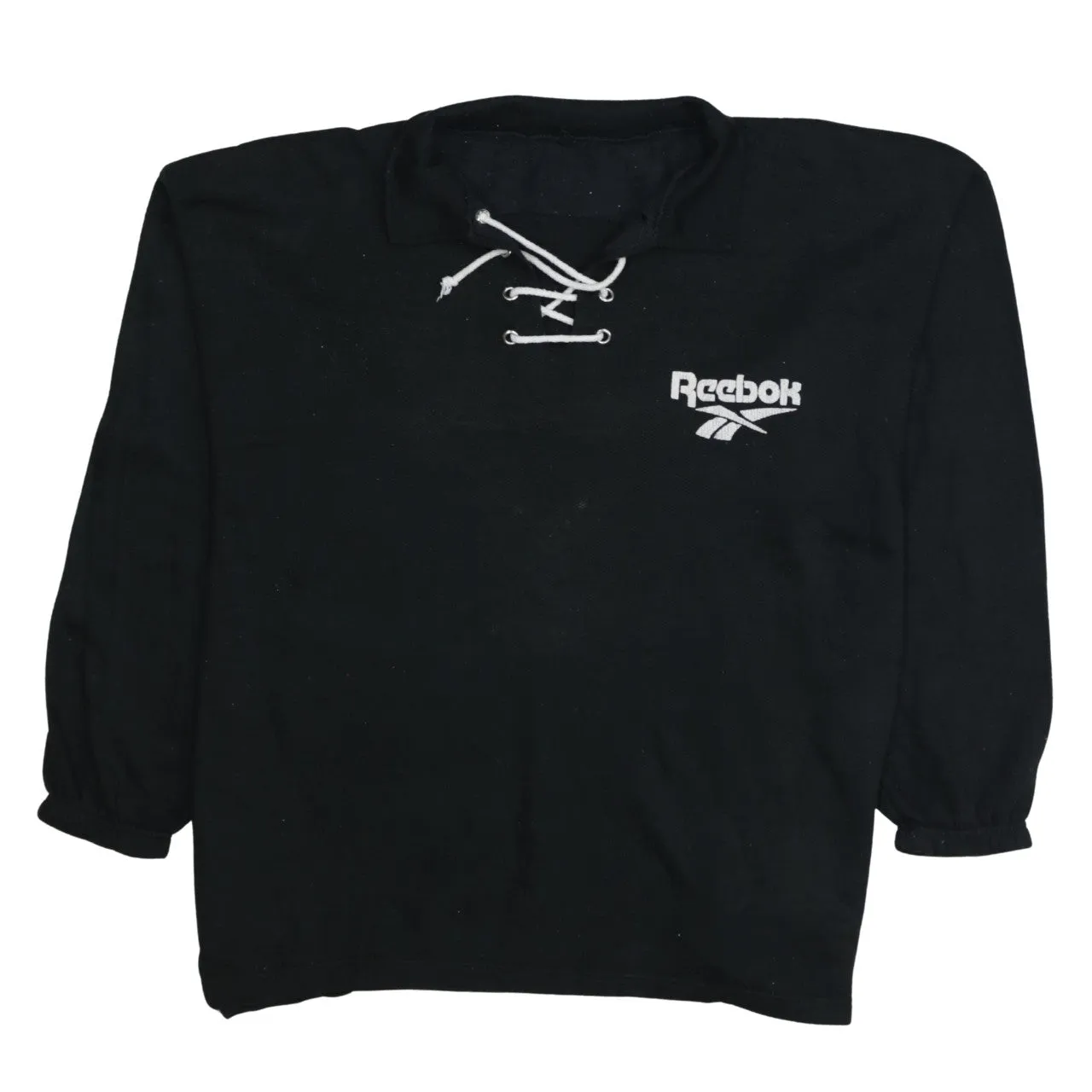 Reebok Black Lace Up Sweatshirt Men's Medium Embroidered Logo Fleece Pullover Top sold by Vintage Club