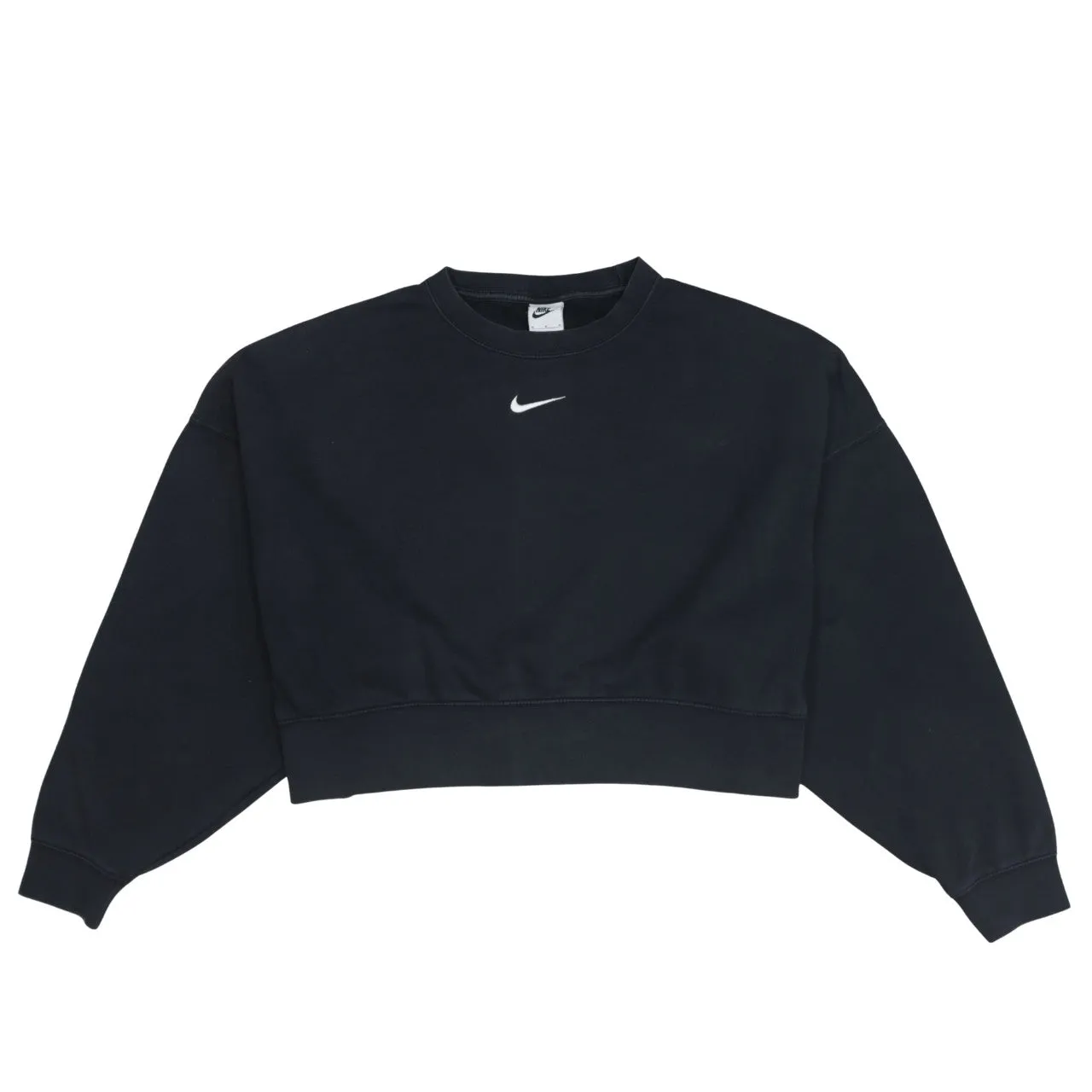 Nike Black Cropped Sweatshirt Women's Medium Embroidered Swoosh Logo Crewneck Pullover sold by Vintage Club