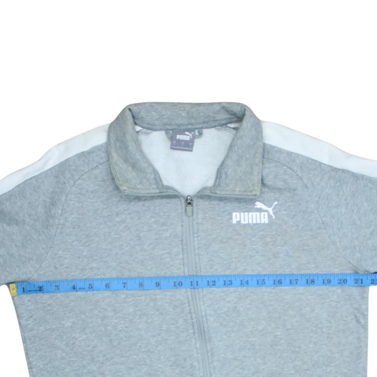 Puma Grey Full Zip Sweatshirt Men’s Small Embroidered Chest Logo Contrast Sleeve Stripes Track Top sold by Vintage Club product image thumbnail 5