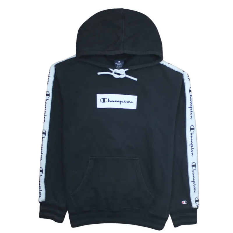 Champion Black Hoodie Men's Small Embroidered Chest Logo Branded Tape Sleeves Pullover Sweatshirt made by Champion