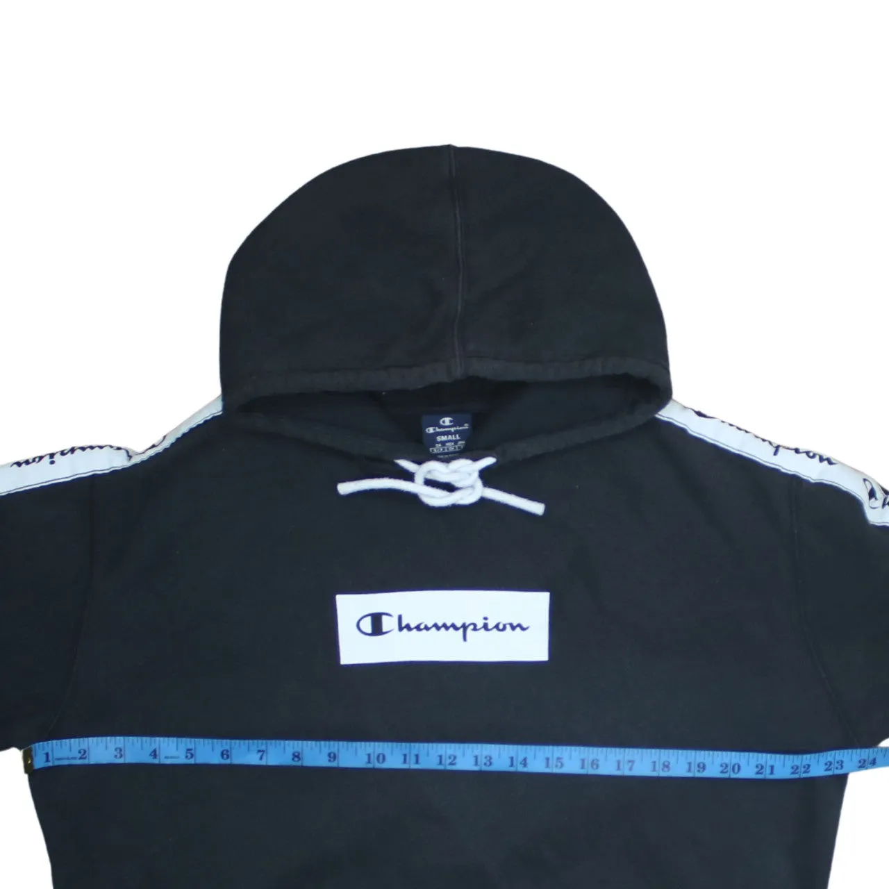 Champion Black Hoodie Men's Small Embroidered Chest Logo Branded Tape Sleeves Pullover Sweatshirt sold by Vintage Club product image thumbnail 5