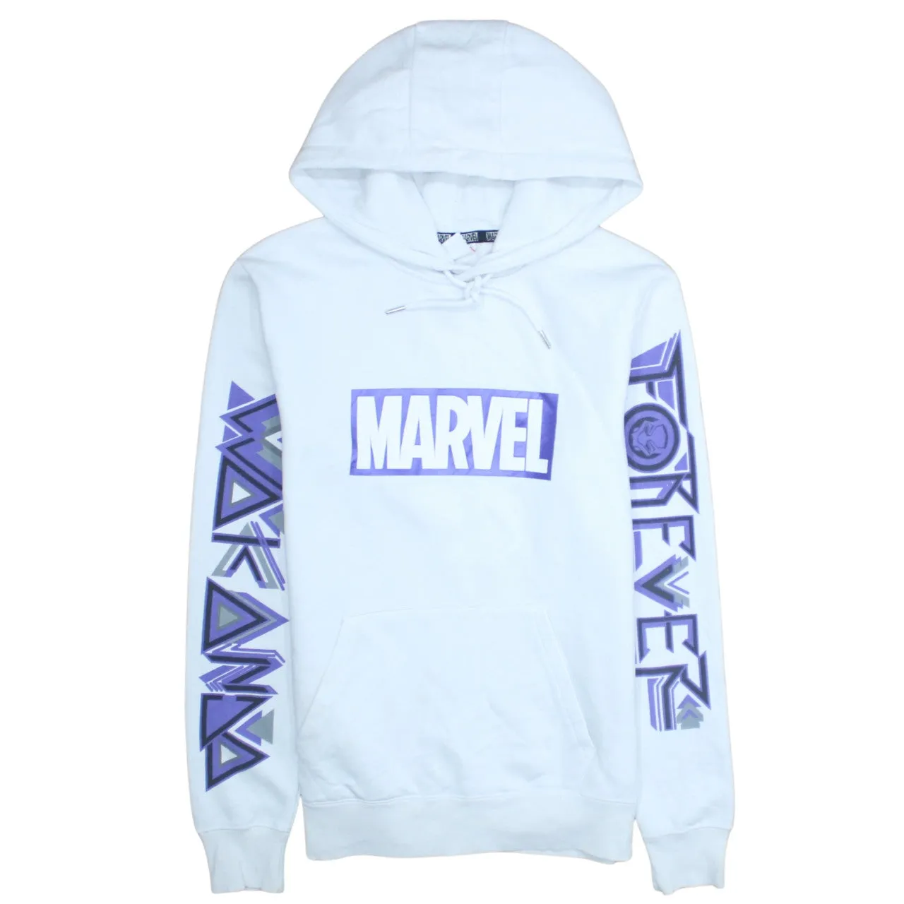 Marvel White Hoodie Men’s XSmall Printed Logo Graphic Sleeves Black Panther Pullover Sweatshirt sold by Vintage Club