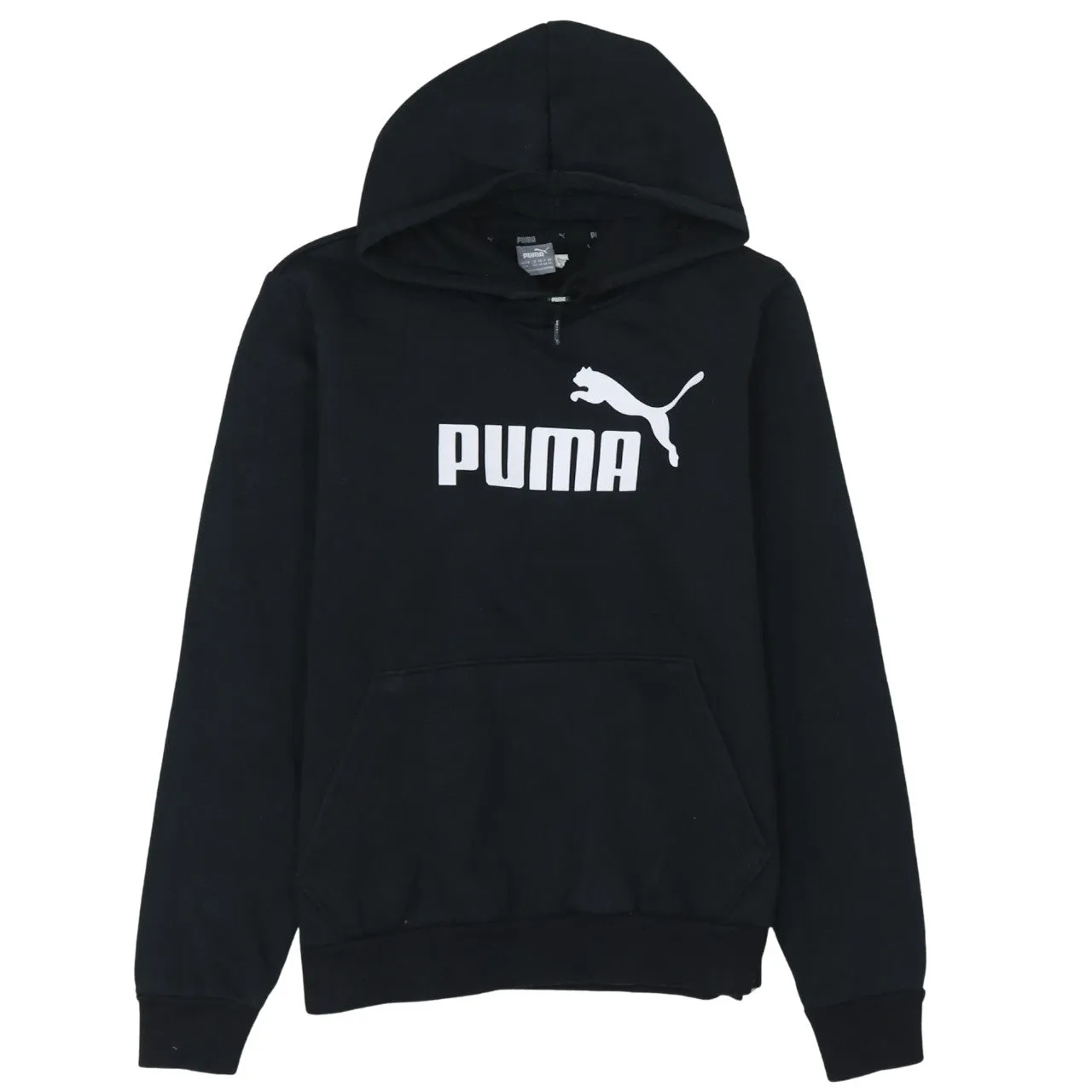 Puma Black Hoodie Women’s Large Printed Logo Front Pouch Fleece Pullover Sweatshirt sold by Vintage Club