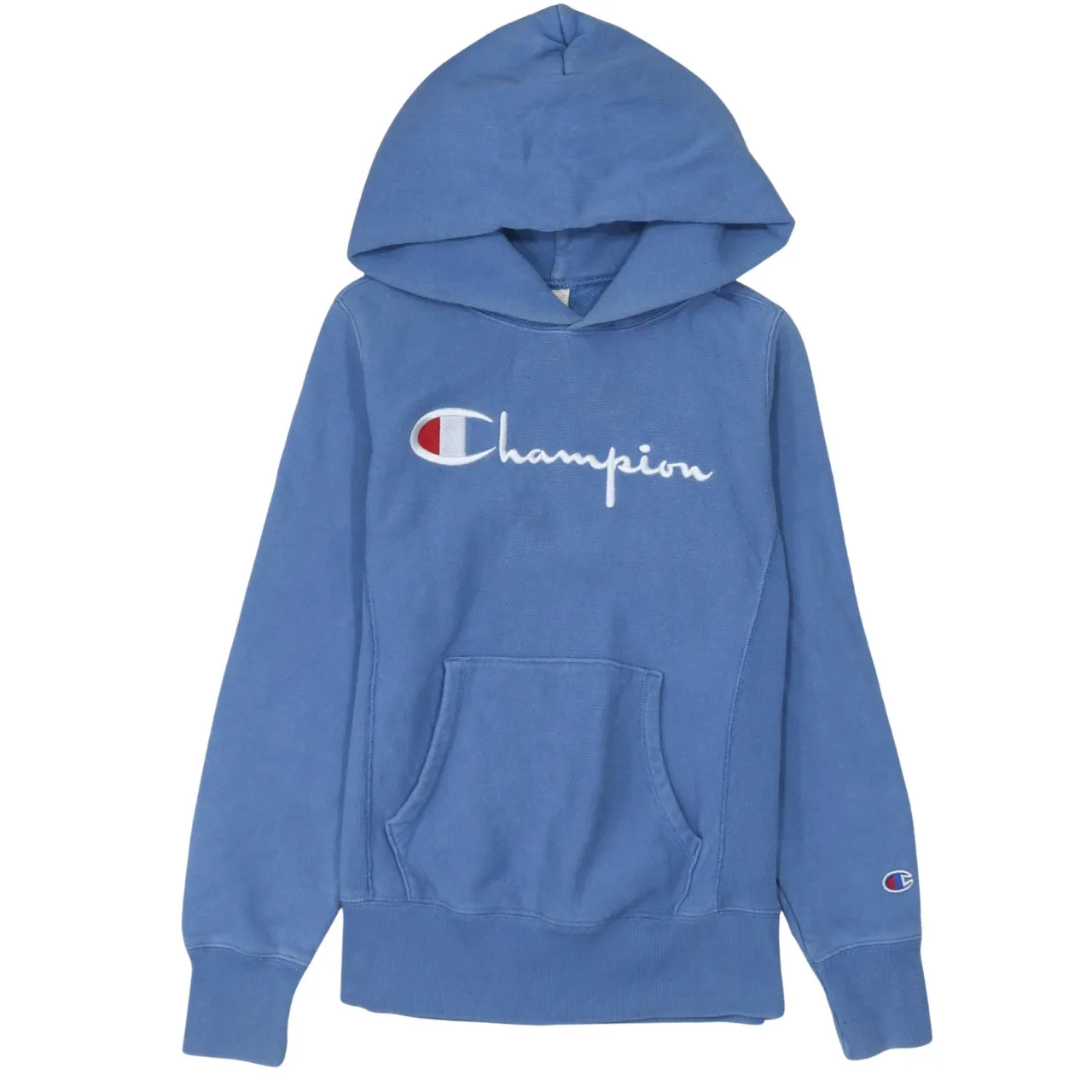 Champion 90's Spellout Pullover Hoodie XSmall Blue sold by Vintage Club