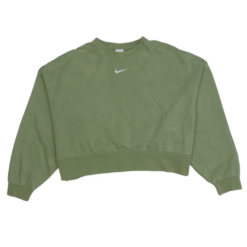 Nike Olive Green Sweatshirt Women's Small Cropped Crewneck Printed Swoosh Ribbed Hem Pullover sold by Vintage Club