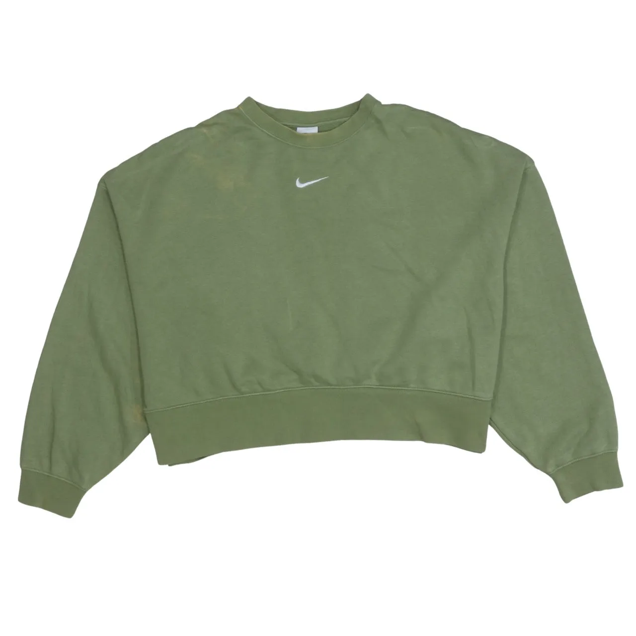 Nike Olive Green Sweatshirt Women's Small Cropped Crewneck Printed Swoosh Ribbed Hem Pullover sold by Vintage Club