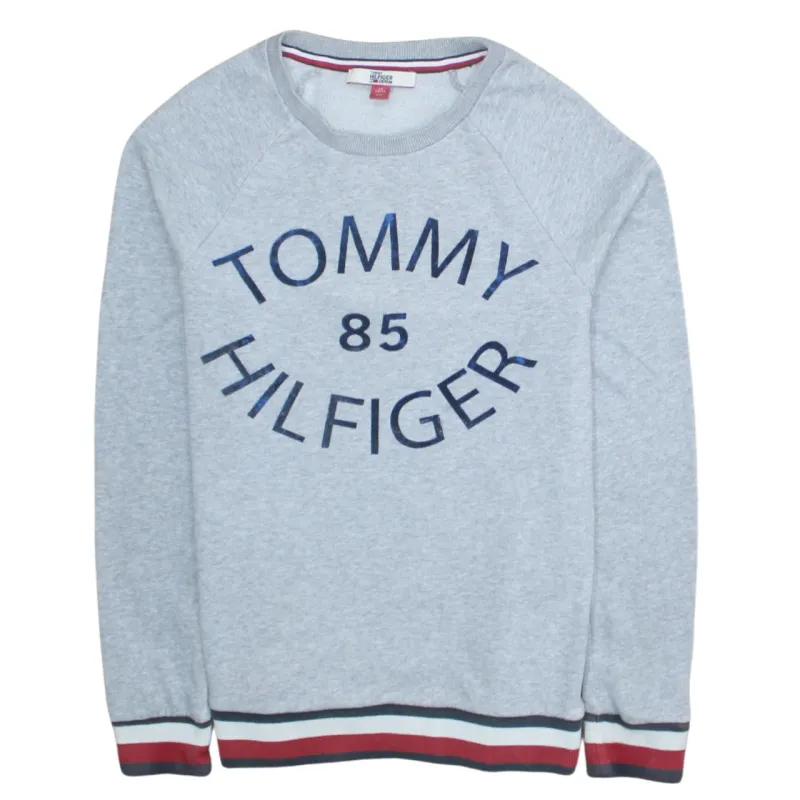 Tommy Hilfiger Grey Sweatshirt Women’s XSmall Embroidered Tommy 85 Logo Stripe Cuffs Pullover Jumper made by Tommy Hilfiger
