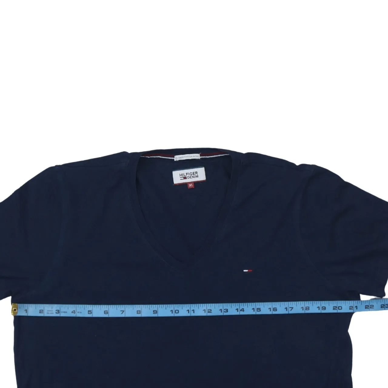 Tommy Hilfiger Navy Blue T-Shirt Women’s XLarge V Neck Small Flag Logo Casual Top sold by Vintage Club product image thumbnail 5