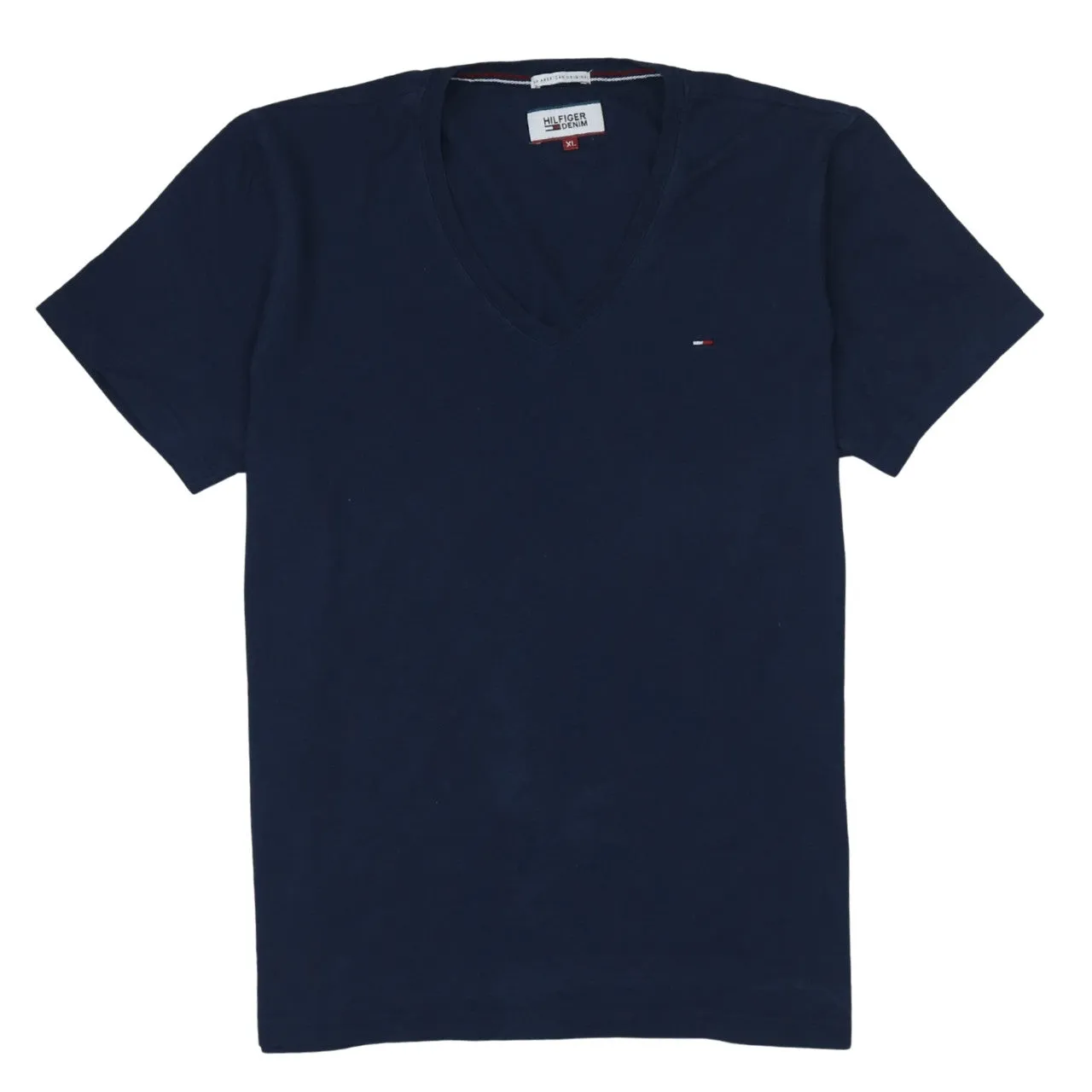 Tommy Hilfiger Navy Blue T-Shirt Women’s XLarge V Neck Small Flag Logo Casual Top sold by Vintage Club