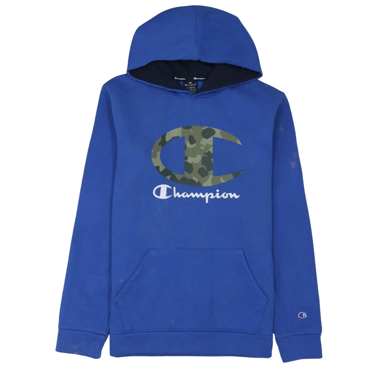 Champion Royal Blue Hoodie Men’s XLarge Camo Big Logo Front Pocket Pullover Sweatshirt sold by Vintage Club