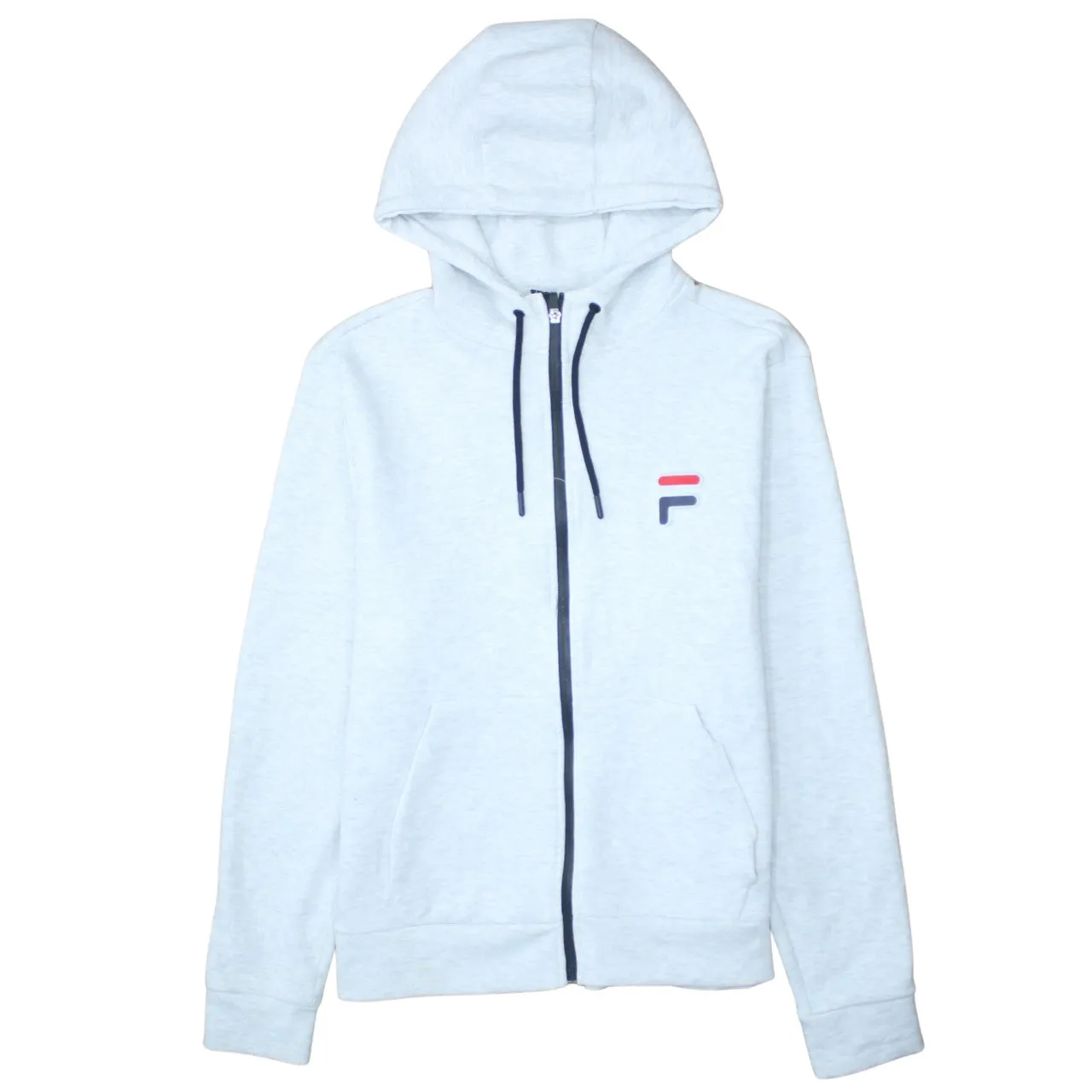 Fila Light Grey Zip Hoodie Women's XLarge Small Logo Drawstring Hood Split Pocket Sweatshirt sold by Vintage Club