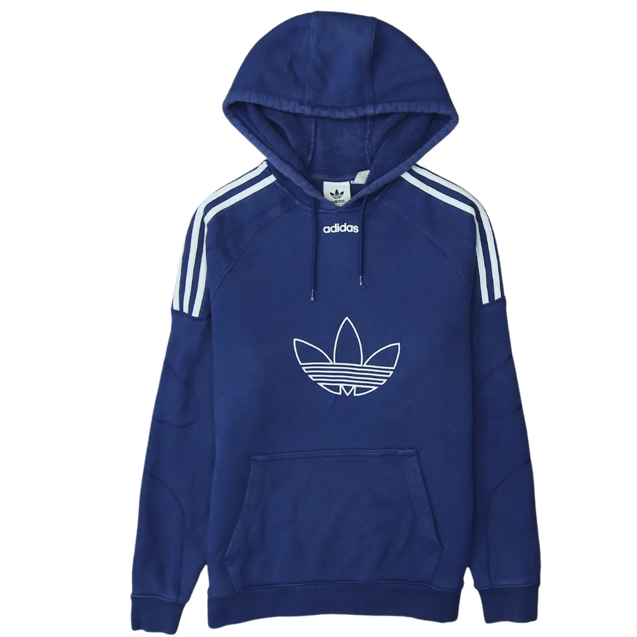 Adidas Navy Blue Hoodie Men's Small Trefoil Printed Logo Three Stripe Pullover Sweatshirt sold by Vintage Club