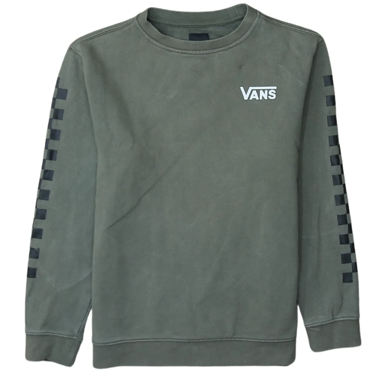 Vans Khaki Green Sweatshirt Women's Large Printed Logo Sleeve Check Pullover Top sold by Vintage Club