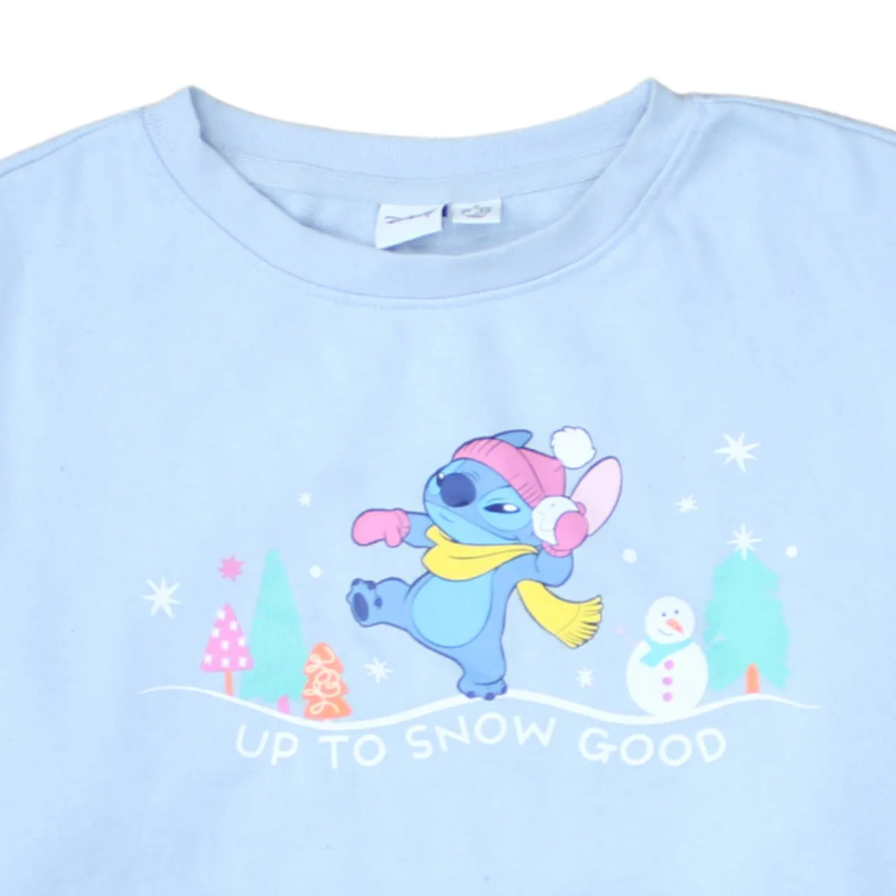 Disney Light Blue Sweatshirt Women's Medium Stitch Printed Graphic Up To Snow Good Pullover Top sold by Vintage Club product image thumbnail 3