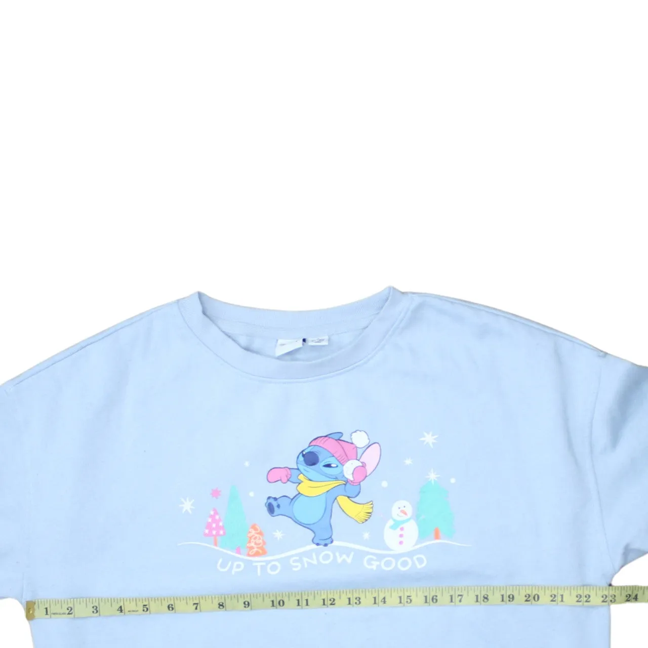 Disney Light Blue Sweatshirt Women's Medium Stitch Printed Graphic Up To Snow Good Pullover Top sold by Vintage Club product image thumbnail 5