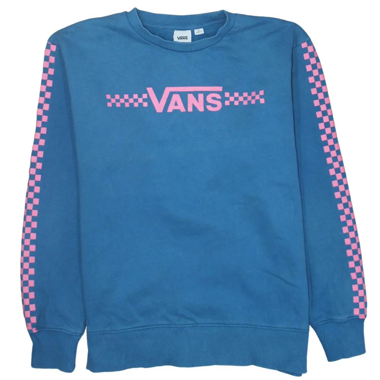 Vans Blue Sweatshirt Men's Small Pink Logo Checkerboard Sleeves Crewneck Pullover Top sold by Vintage Club