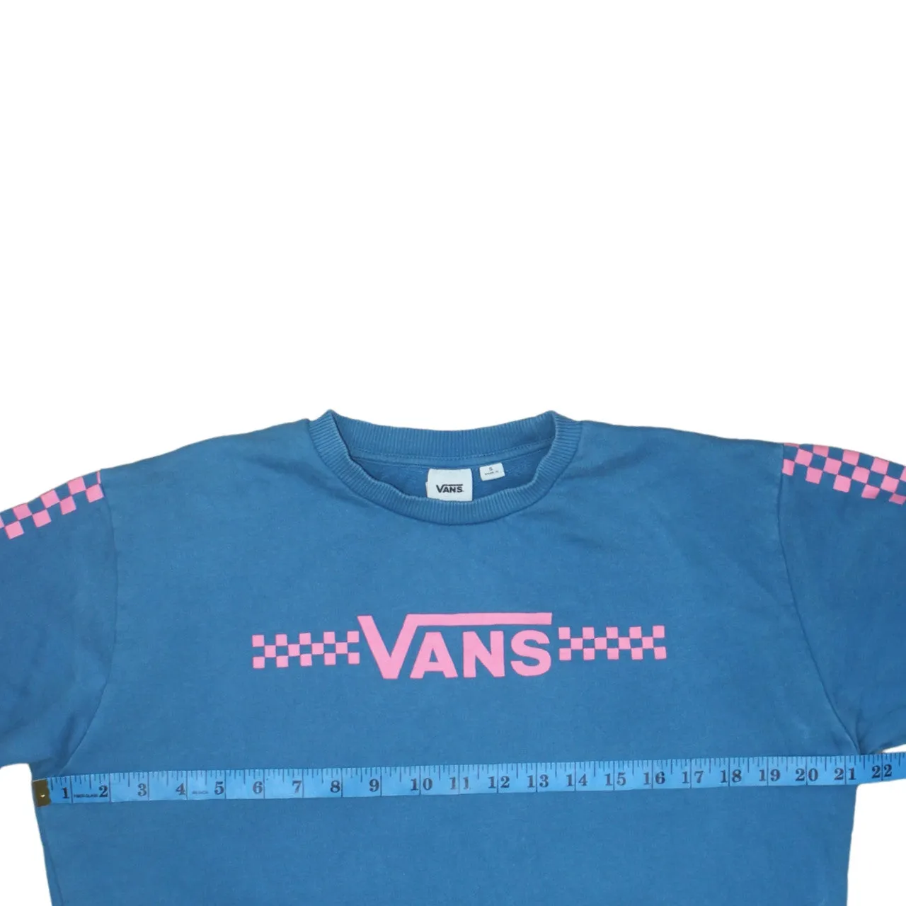 Vans Blue Sweatshirt Men's Small Pink Logo Checkerboard Sleeves Crewneck Pullover Top sold by Vintage Club product image thumbnail 5