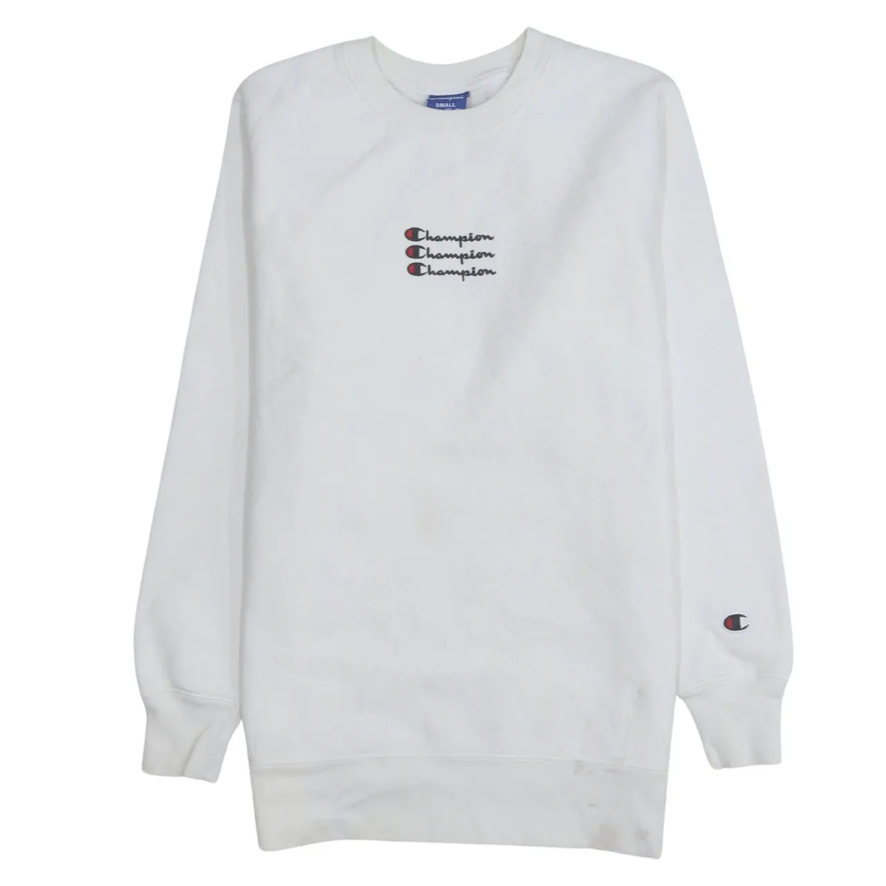 Champion White Sweatshirt Men's Small Embroidered Triple Logo Crewneck Pullover Fleece Top sold by Vintage Club