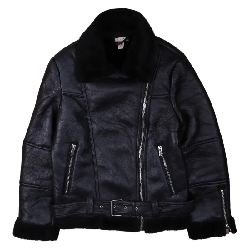 Topshop Vintage 90s Black Heavyweight Leather Jacket Women's Medium Zip-Up sold by Vintage Club