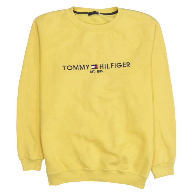 Tommy Hilfiger Yellow Sweatshirt Women's Medium Embroidered Chest Logo Ribbed Crewneck Pullover made by Tommy Hilfiger