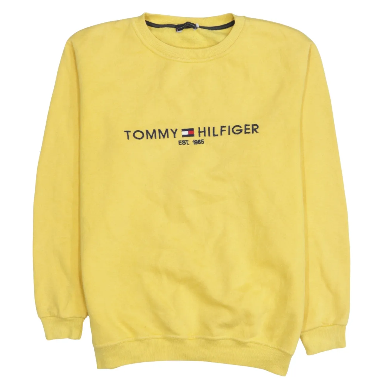 Tommy Hilfiger Yellow Sweatshirt Women's Medium Embroidered Chest Logo Ribbed Crewneck Pullover sold by Vintage Club