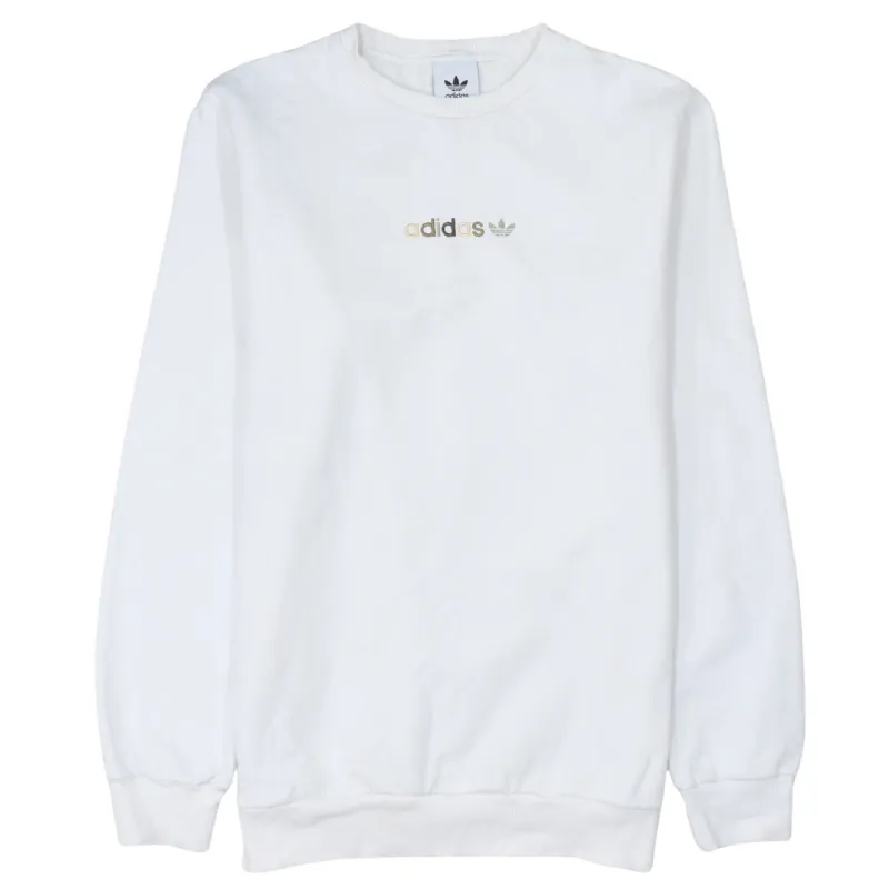 Adidas White Sweatshirt Men's Small Gold Printed Logo Crewneck Pullover Fleece Top made by Adidas