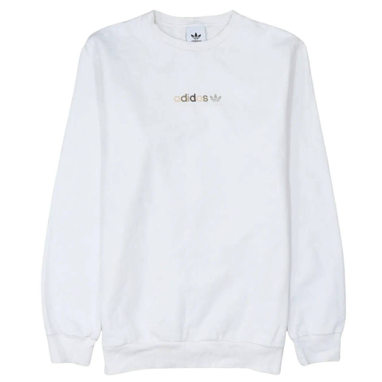 Adidas White Sweatshirt Men's Small Gold Printed Logo Crewneck Pullover Fleece Top sold by Vintage Club