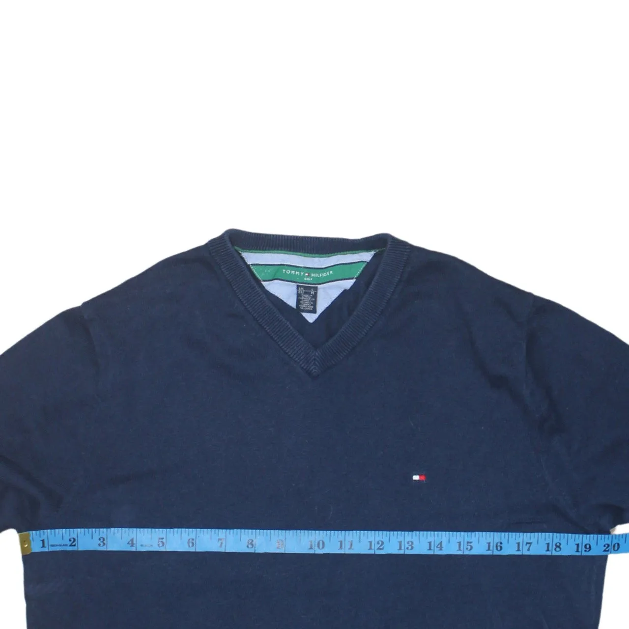 Tommy Hilfiger Navy Blue Jumper Men’s Medium V Neck Embroidered Flag Logo Knit Sweater sold by Vintage Club product image thumbnail 5