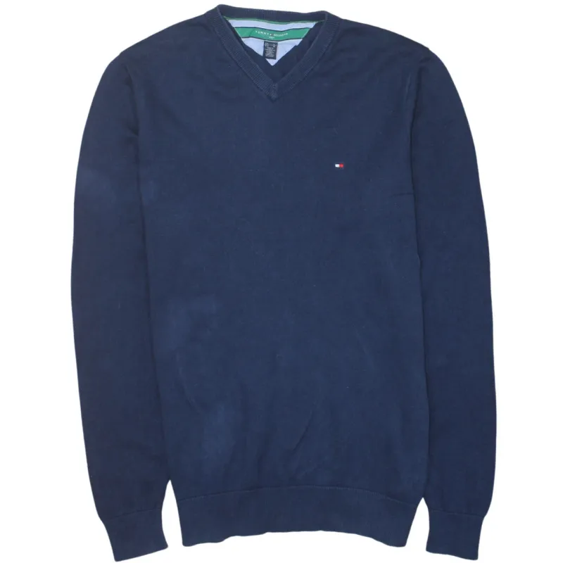 Tommy Hilfiger Navy Blue Jumper Men’s Medium V Neck Embroidered Flag Logo Knit Sweater sold by Vintage Club