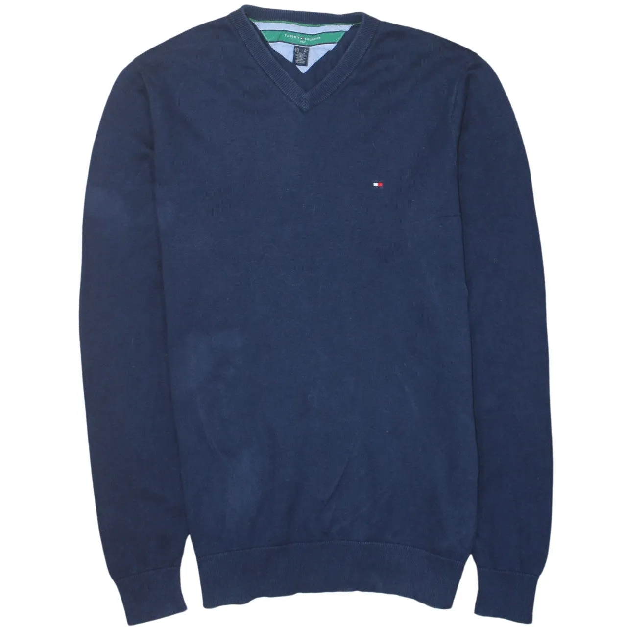 Tommy Hilfiger Navy Blue Jumper Men’s Medium V Neck Embroidered Flag Logo Knit Sweater sold by Vintage Club