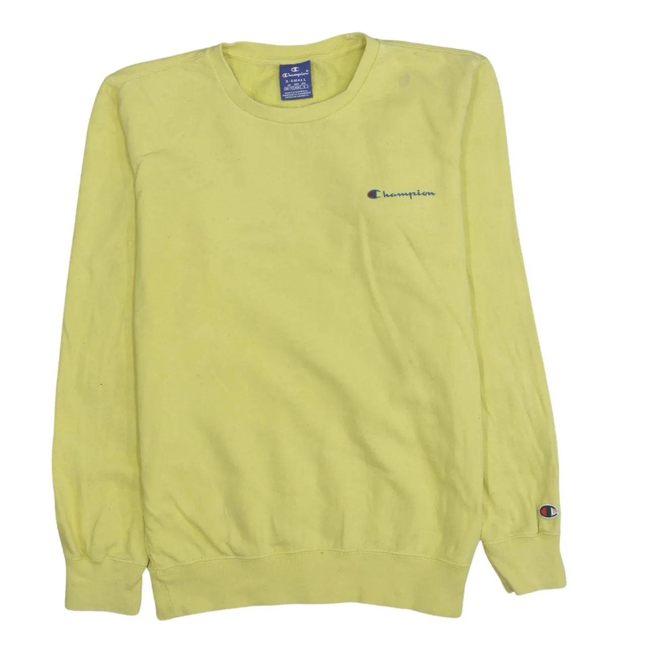 Champion Yellow Sweatshirt Men's XSmall Embroidered Chest Logo Cuff Badge Fleece Pullover sold by Vintage Club