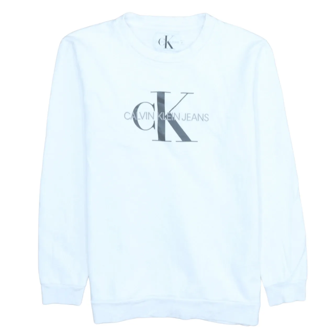 Calvin Klein White Sweatshirt Men's Medium Printed CK Jeans Logo Crewneck Pullover Top sold by Vintage Club