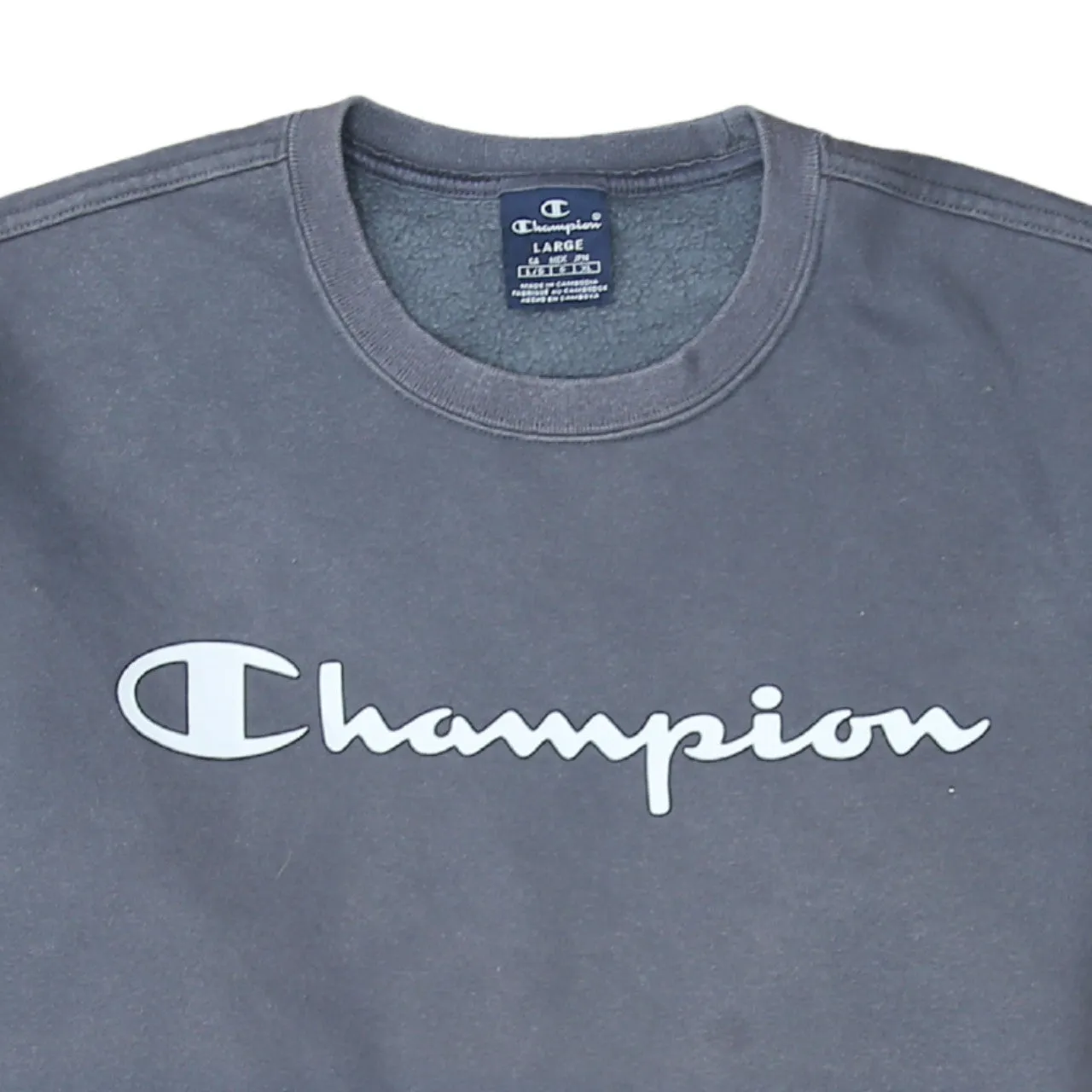 Champion Charcoal Grey Sweatshirt Men's Large Printed Script Logo Crewneck Pullover Fleece Top sold by Vintage Club product image thumbnail 3