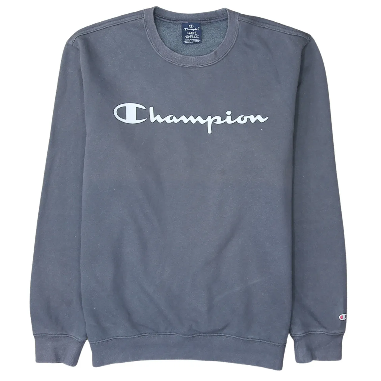 Champion Charcoal Grey Sweatshirt Men's Large Printed Script Logo Crewneck Pullover Fleece Top sold by Vintage Club