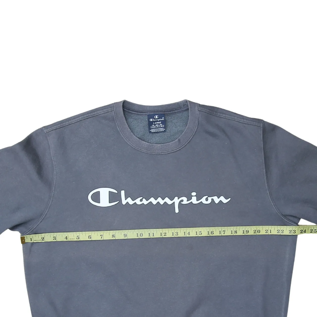 Champion Charcoal Grey Sweatshirt Men's Large Printed Script Logo Crewneck Pullover Fleece Top sold by Vintage Club product image thumbnail 5