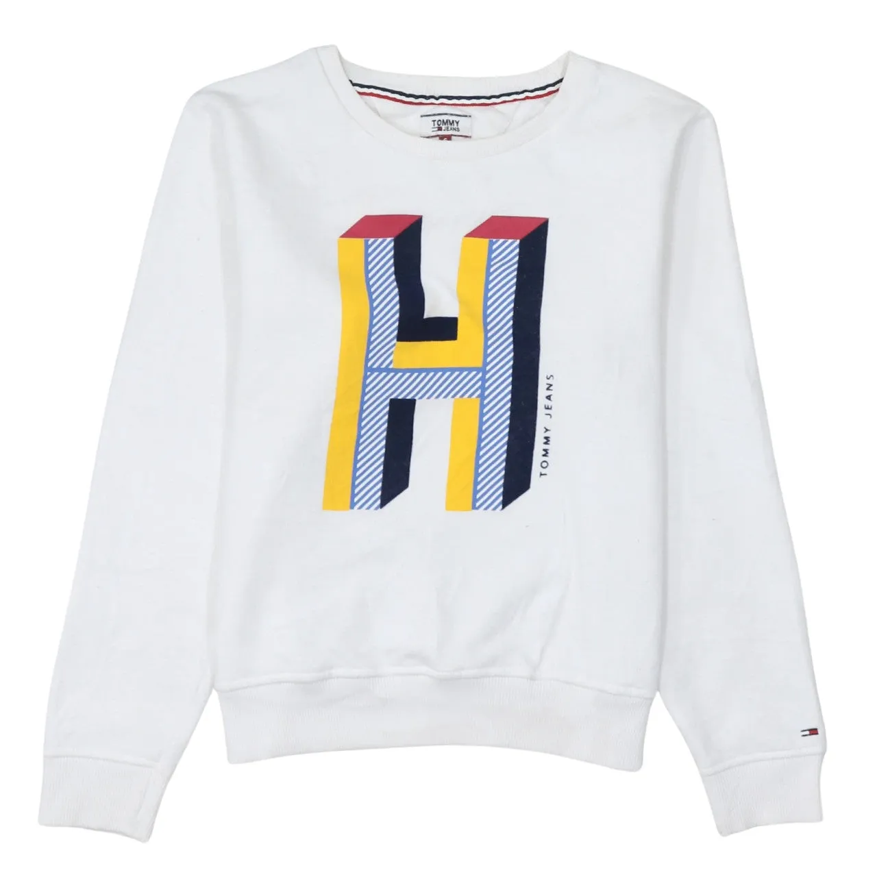 Tommy Hilfiger White Sweatshirt Men's Small Printed H Logo Crewneck Pullover Top sold by Vintage Club