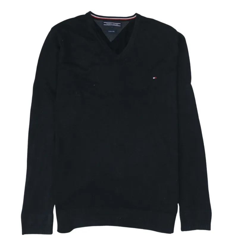 Tommy Hilfiger Black Jumper Men’s Large V Neck Embroidered Flag Logo Knit Sweater sold by Vintage Club