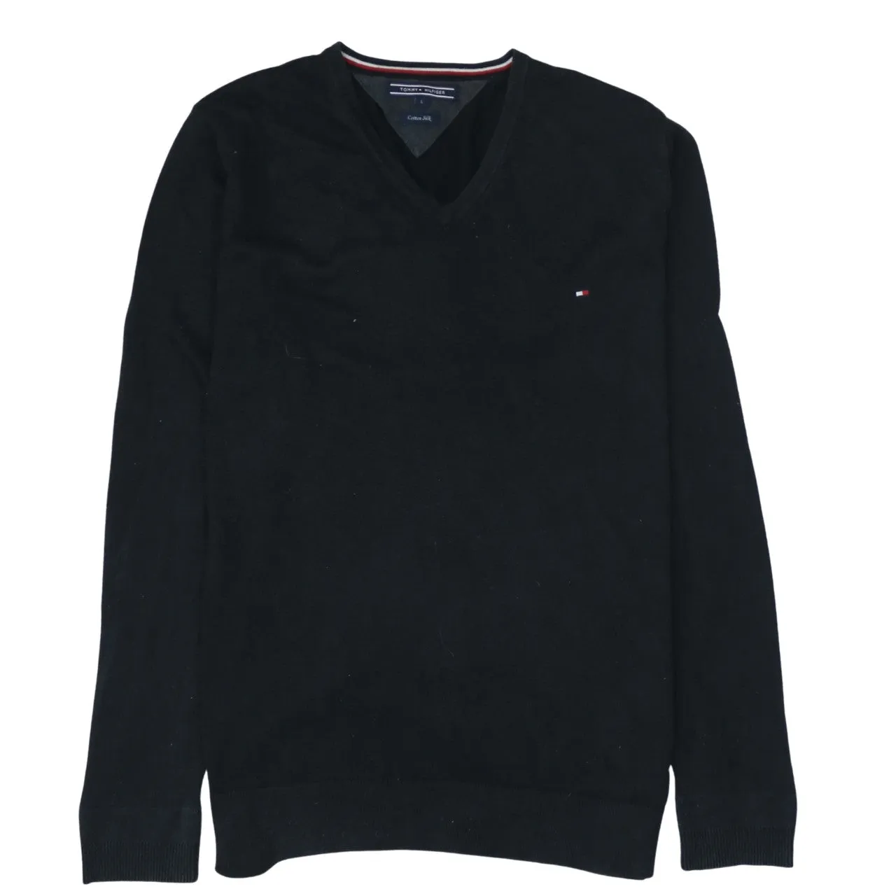 Tommy Hilfiger Black Jumper Men’s Large V Neck Embroidered Flag Logo Knit Sweater sold by Vintage Club