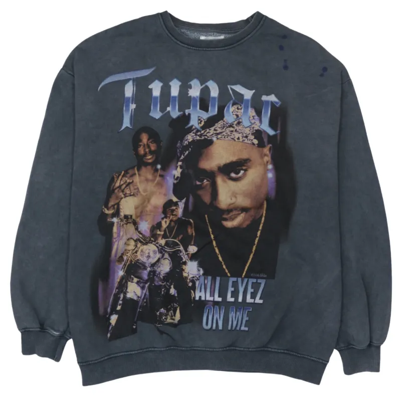 Pull&Bear Faded Black Tupac Sweatshirt Men's Large Printed Graphic All Eyez On Me Pullover made by Vintage Club