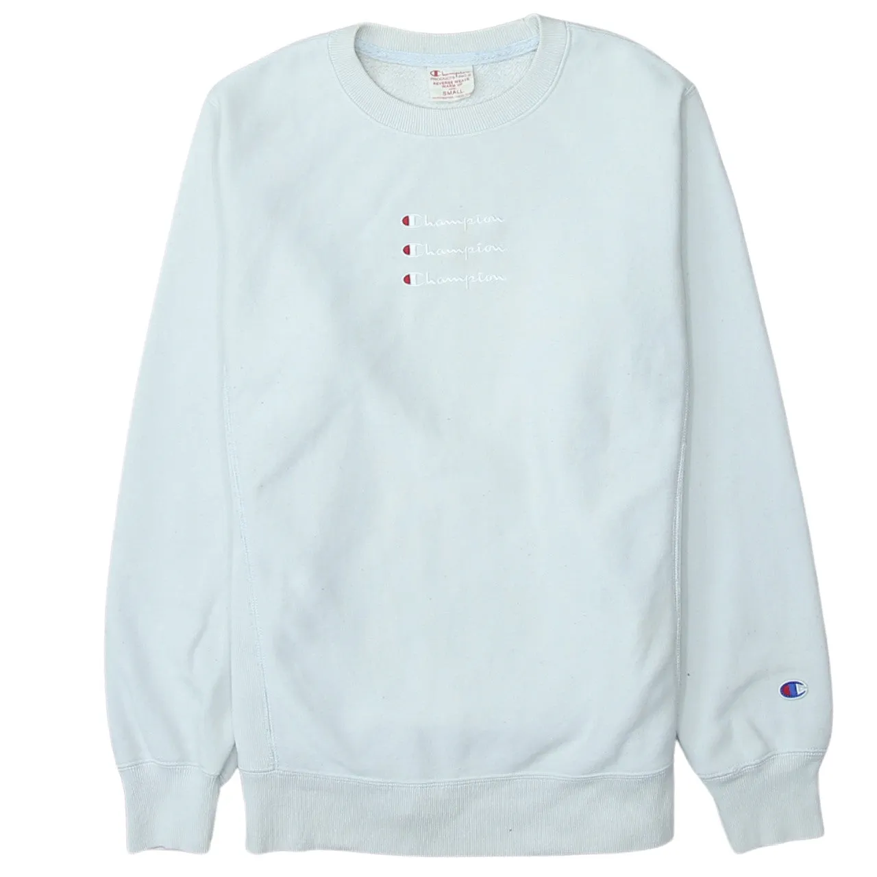 Champion Light Blue Sweatshirt Men's Small Embroidered Triple Logo Reverse Weave Pullover sold by Vintage Club