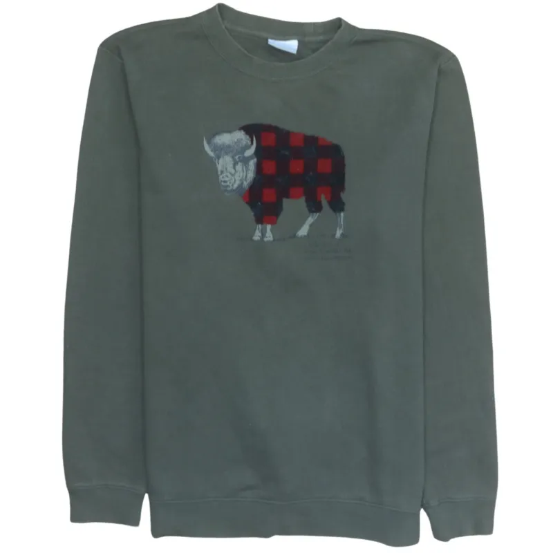 Columbia Dark Green Sweatshirt Men's Large Buffalo Graphic Printed Front Pullover Fleece Top made by Columbia