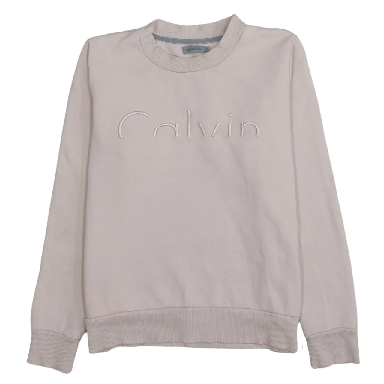 Calvin Klein Beige Cream Sweatshirt Men's Medium Embossed Calvin Logo Crewneck Pullover sold by Vintage Club