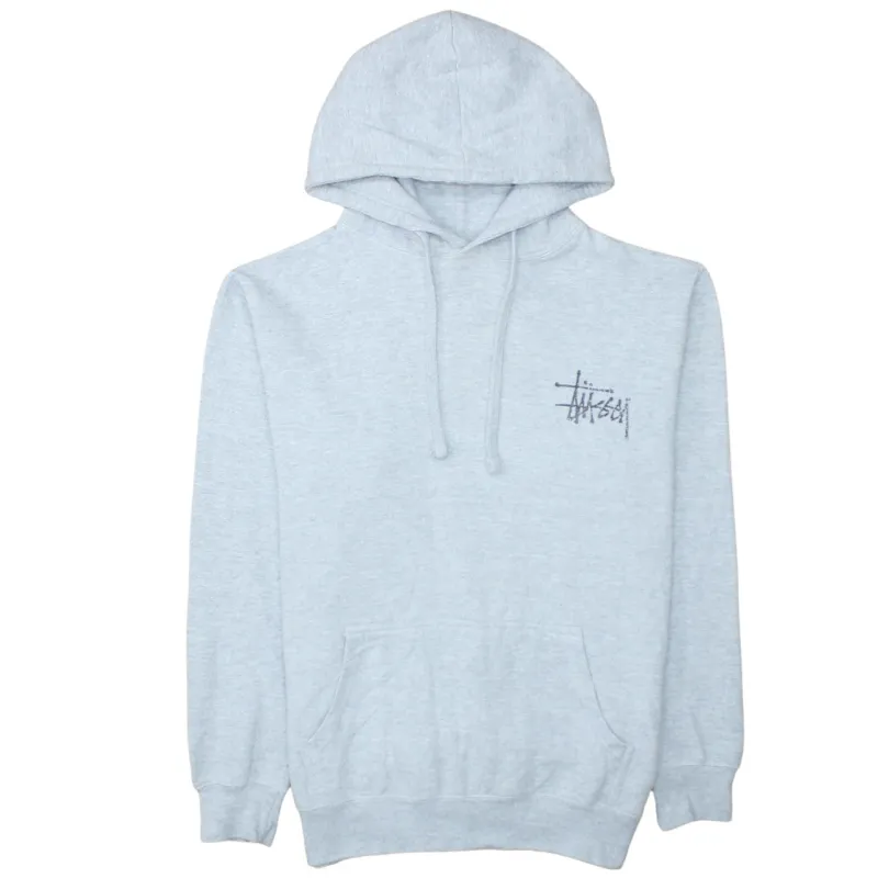 Stussy Light Grey Hoodie Men's Medium Printed Logo Front Back Pullover Sweatshirt sold by Vintage Club