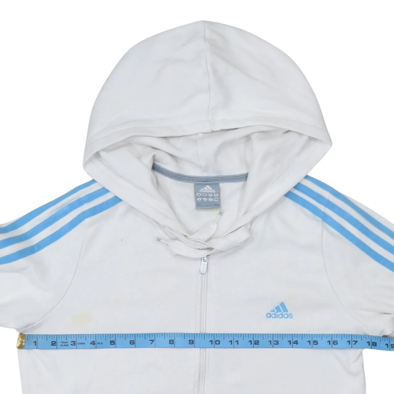 Adidas White Full Zip Hoodie Women’s Small Blue Three Stripe Sleeves Embroidered Logo sold by Vintage Club product image thumbnail 5