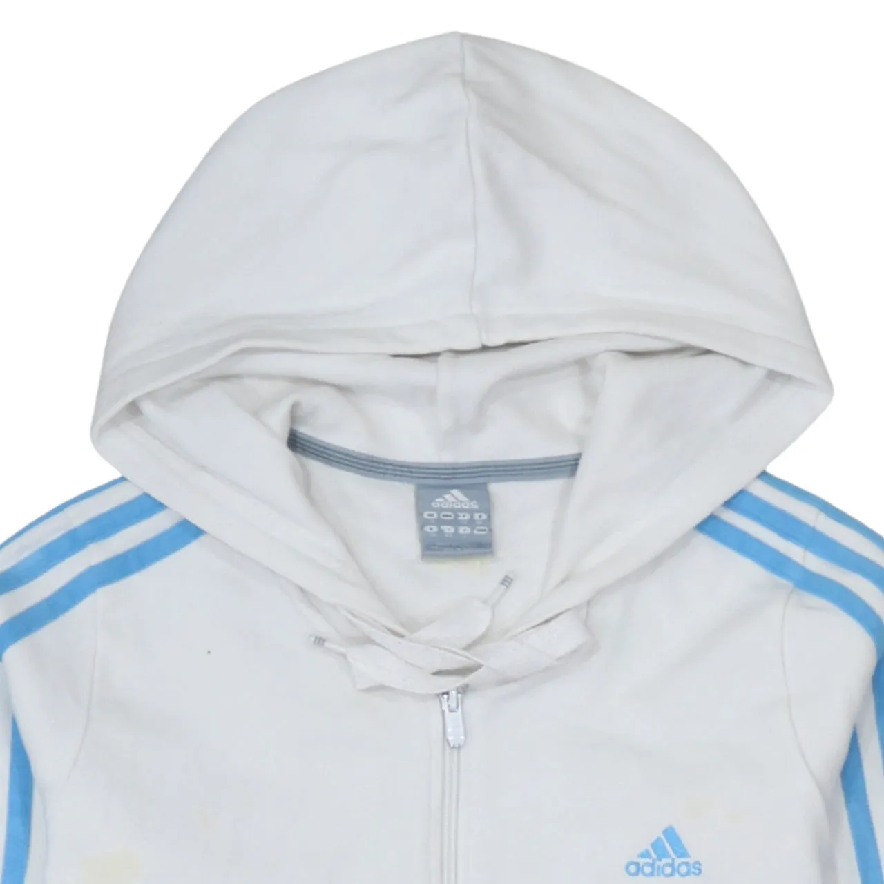 Adidas White Full Zip Hoodie Women’s Small Blue Three Stripe Sleeves Embroidered Logo sold by Vintage Club product image thumbnail 3