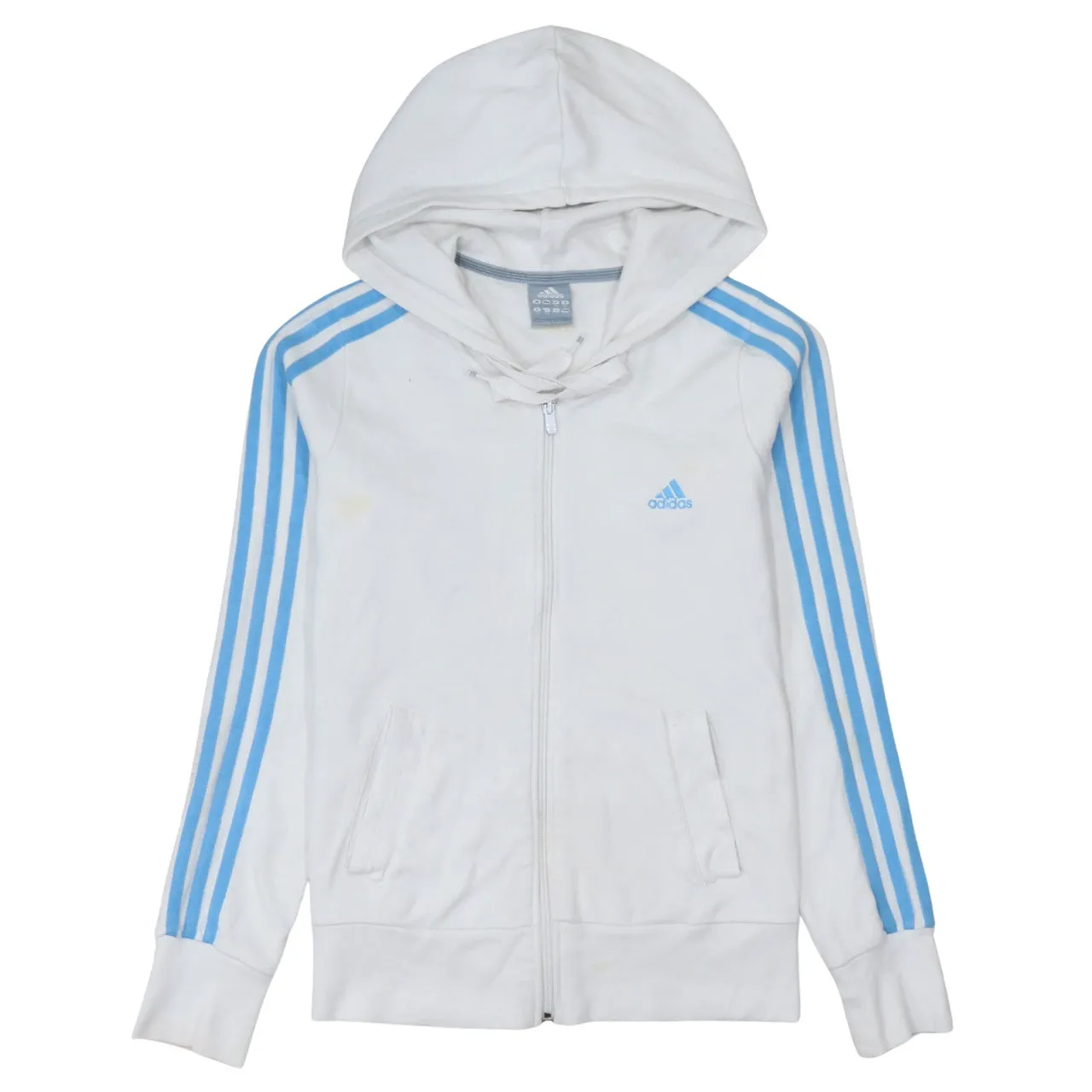 Adidas White Full Zip Hoodie Women’s Small Blue Three Stripe Sleeves Embroidered Logo sold by Vintage Club