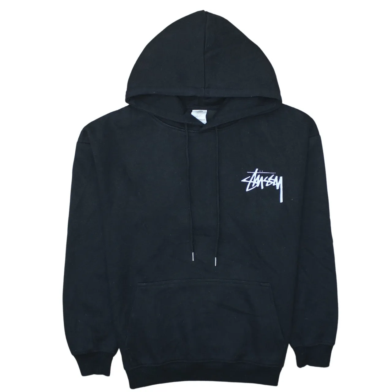 Stussy Black Hoodie Men's Medium Printed Back Logo Pullover Sweatshirt sold by Vintage Club